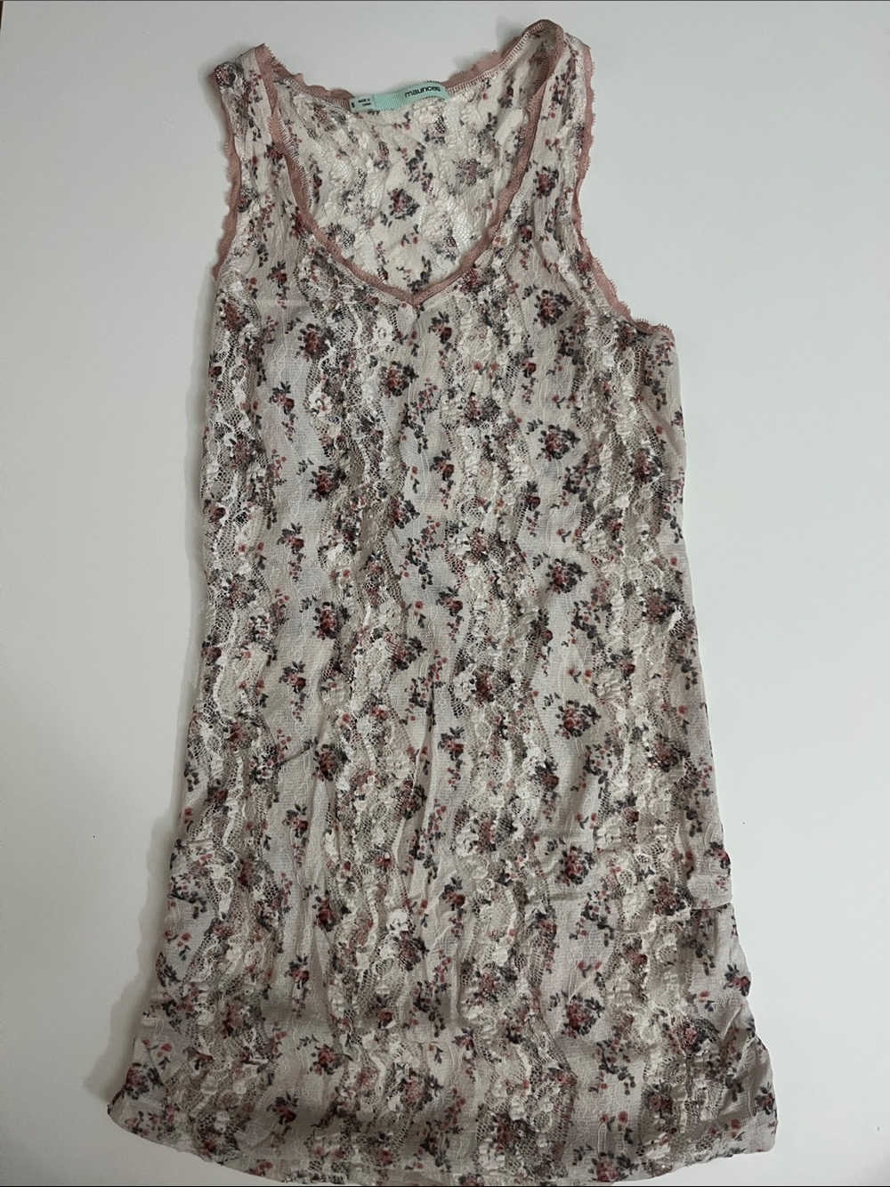 Maurices Cream Floral Lace Tank with Pink Trim